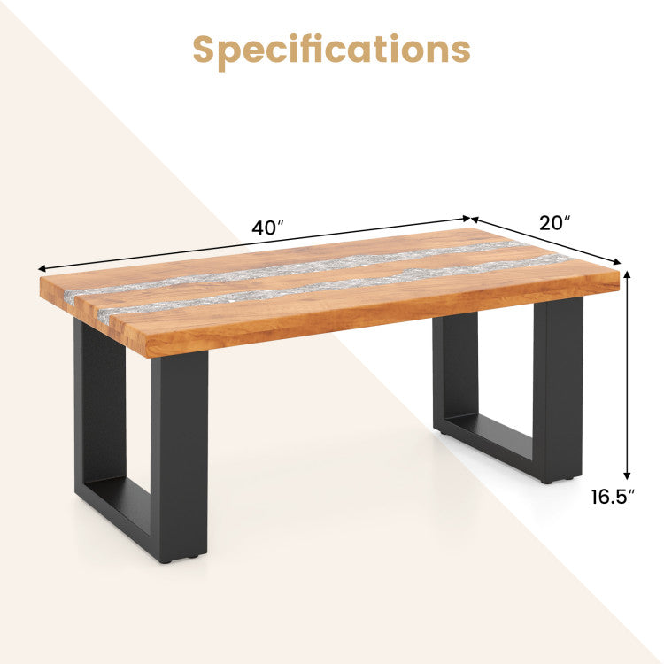 Outdoor Teak Wood Accent Table Patio Dining Coffee Table with River-Style Epoxy Tabletop for Decks Gardens