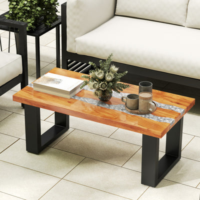 Outdoor Teak Wood Accent Table Patio Dining Coffee Table with River-Style Epoxy Tabletop for Decks Gardens