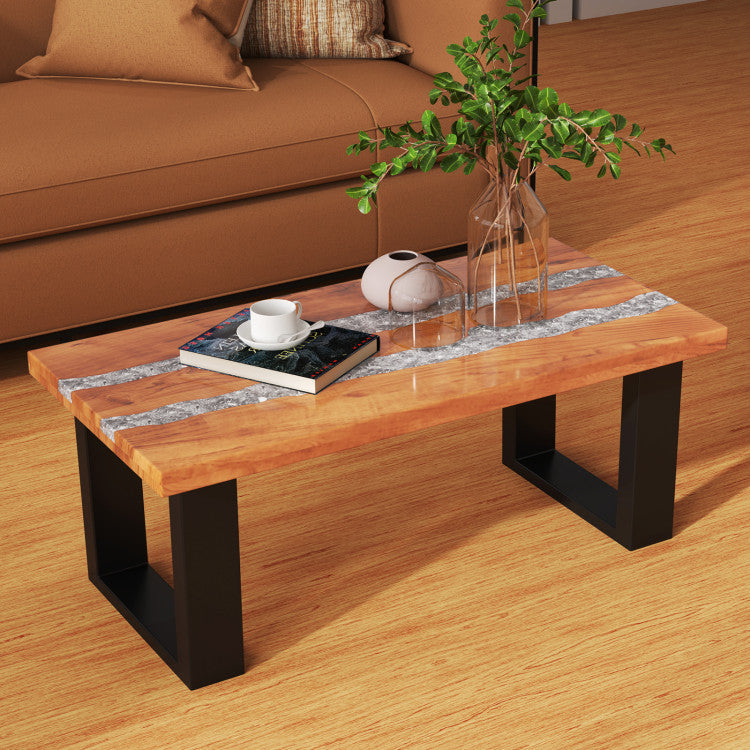 Outdoor Teak Wood Accent Table Patio Dining Coffee Table with River-Style Epoxy Tabletop for Decks Gardens