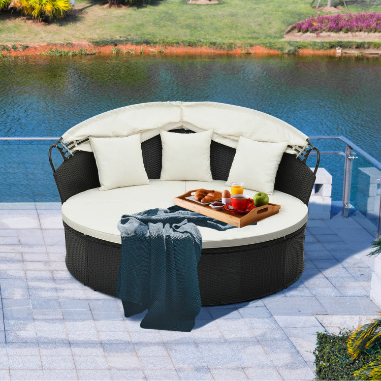 Outdoor Rattan Round Daybed Patio Clamshell Wicker Sofa Bed Sectional Couch with Retractable Canopy and Adjustable Footpads