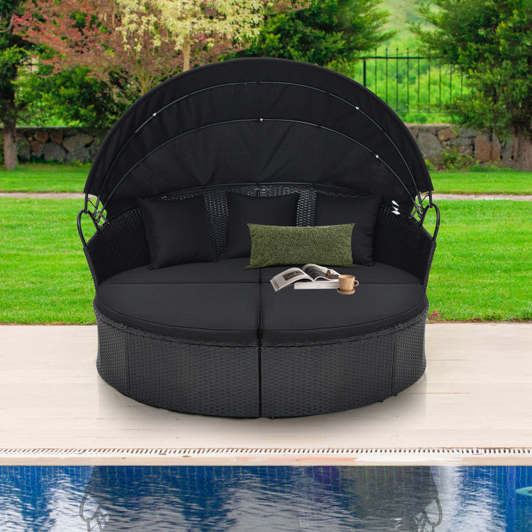 Outdoor Rattan Round Daybed Patio Clamshell Wicker Sofa Bed Sectional Couch with Retractable Canopy and Adjustable Footpads