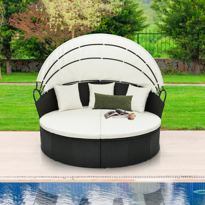 Outdoor Rattan Round Daybed Patio Clamshell Wicker Sofa Bed Sectional Couch with Retractable Canopy and Adjustable Footpads