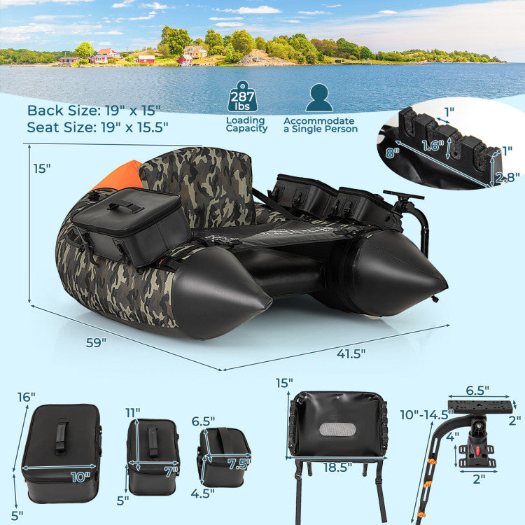 Portable Fishing Float Tube Inflatable Backpack Belly Boat with Fish Finder Holder and Detachable Storage Boxes