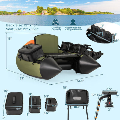 Portable Fishing Float Tube Inflatable Backpack Belly Boat with Fish Finder Holder and Detachable Storage Boxes