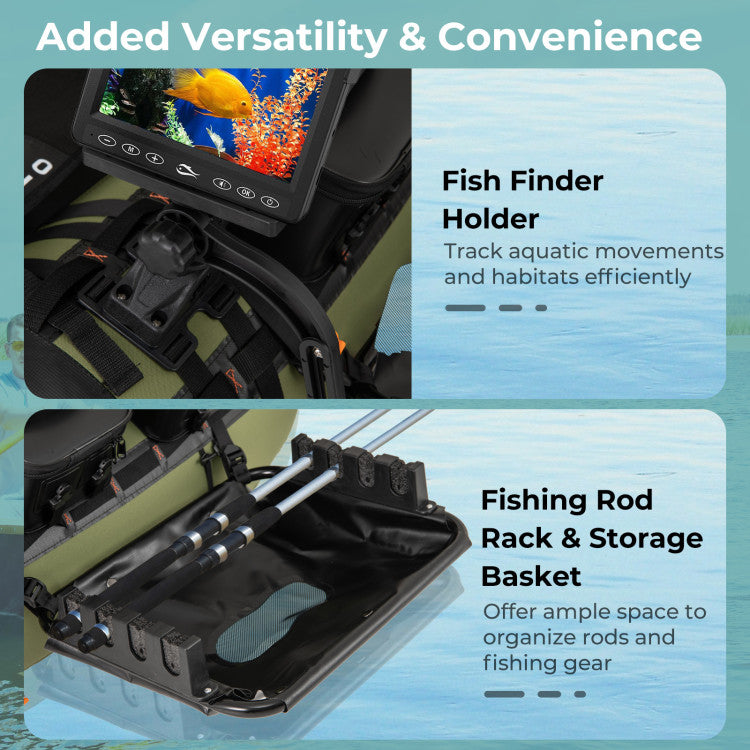 Portable Fishing Float Tube Inflatable Backpack Belly Boat with Fish Finder Holder and Detachable Storage Boxes