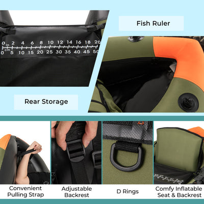 Portable Fishing Float Tube Inflatable Backpack Belly Boat with Fish Finder Holder and Detachable Storage Boxes