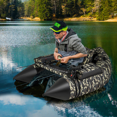 Portable Inflatable Fishing Float Tube V-shaped 350LBS Belly Boat with Storage Bags and Fish Ruler for Angling