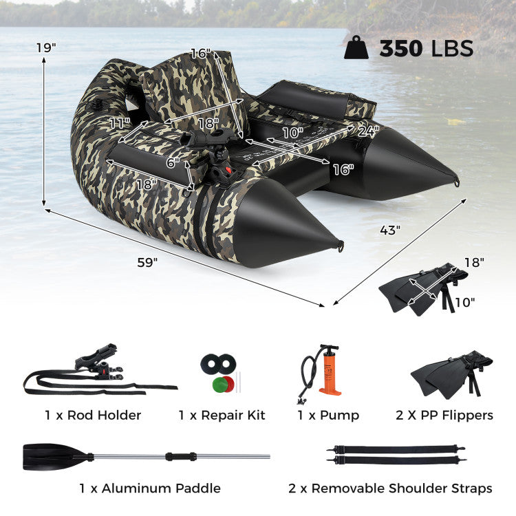 Portable Inflatable Fishing Float Tube V-shaped 350LBS Belly Boat with Storage Bags and Fish Ruler for Angling