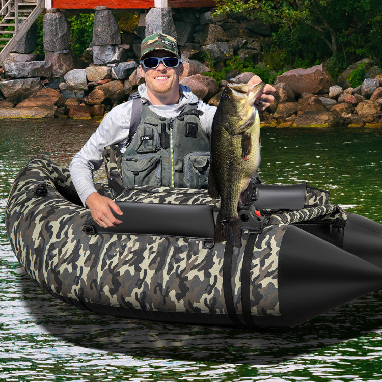 Portable Inflatable Fishing Float Tube V-shaped 350LBS Belly Boat with Storage Bags and Fish Ruler for Angling