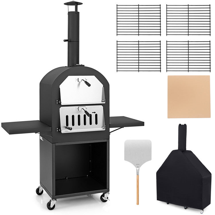 Portable Pizza Stove Oven Outdoor Wood-Fired Patio Pizza Maker with Grill Rack and Waterproof Cover