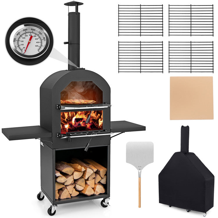 Portable Pizza Stove Oven Outdoor Wood-Fired Patio Pizza Maker with Grill Rack and Waterproof Cover