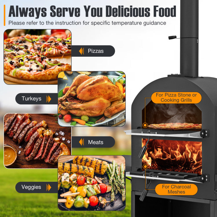 Portable Pizza Stove Oven Outdoor Wood-Fired Patio Pizza Maker with Grill Rack and Waterproof Cover