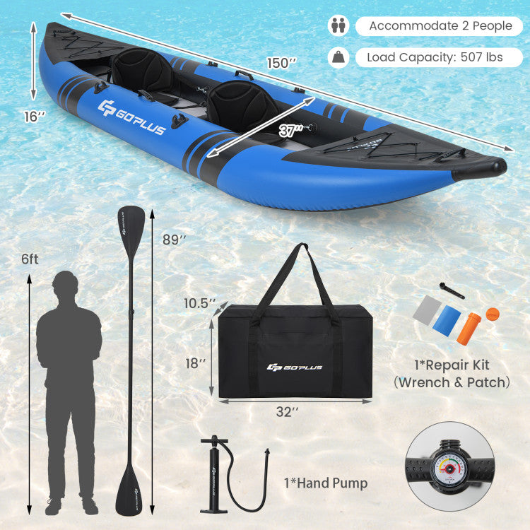 Portable Inflatable Kayak 2-Person Touring Kayaks Set with Aluminium Paddles and Carry Bag Blue