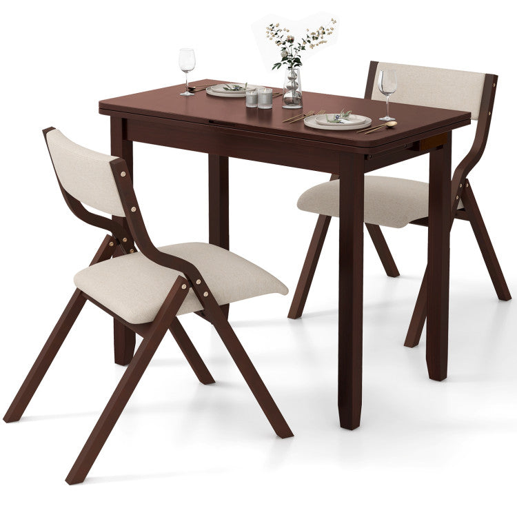 Set for 2 Kitchen Dining Table Set Expandable Table Chairs Set with Upholstered Folding Dining Chairs and Hidden Storage Compartments