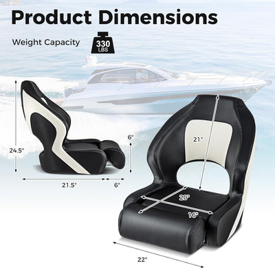 Sports Flip Up Boat Seat Captain Bucket Seat High Back Fishing Boat Chair with Curve Armrest and Waterproof PVC Leather for Sightseeing