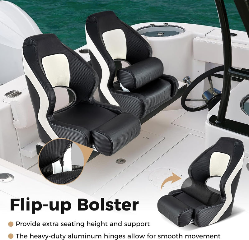 Sports Flip Up Boat Seat Captain Bucket Seat High Back Fishing Boat Chair with Curve Armrest and Waterproof PVC Leather for Sightseeing