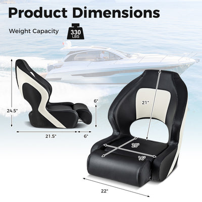 Sports Flip Up Boat Seat Captain Bucket Seat High Back Fishing Boat Chair with Curve Armrest and Waterproof PVC Leather for Sightseeing