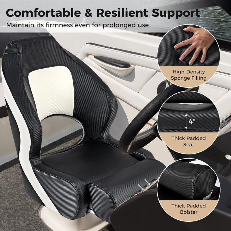 Sports Flip Up Boat Seat Captain Bucket Seat High Back Fishing Boat Chair with Curve Armrest and Waterproof PVC Leather for Sightseeing