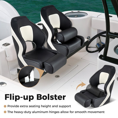 Sports Flip Up Boat Seat Captain Bucket Seat High Back Fishing Boat Chair with Curve Armrest and Waterproof PVC Leather for Sightseeing