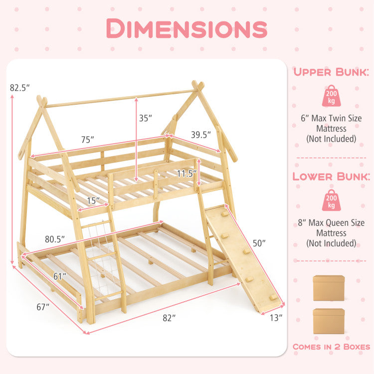 Twin Over Queen Bunk Bed House Shaped Bed Frame Wooden Kids Kids with Safety Guardrail and Climbing Nets