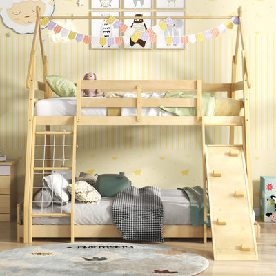 Twin Over Queen Bunk Bed House Shaped Bed Frame Wooden Kids Kids with Safety Guardrail and Climbing Nets