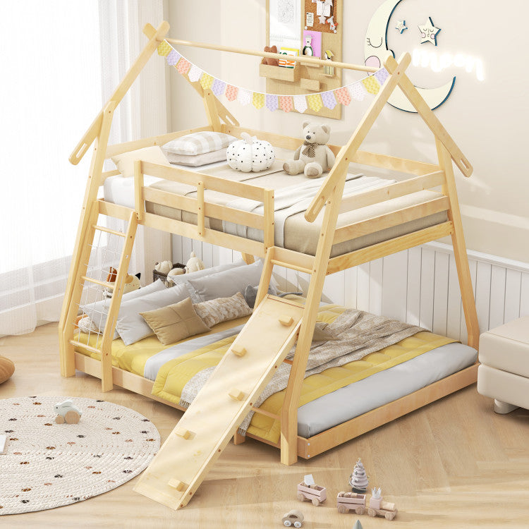 Twin Over Queen Bunk Bed House Shaped Bed Frame Wooden Kids Kids with Safety Guardrail and Climbing Nets