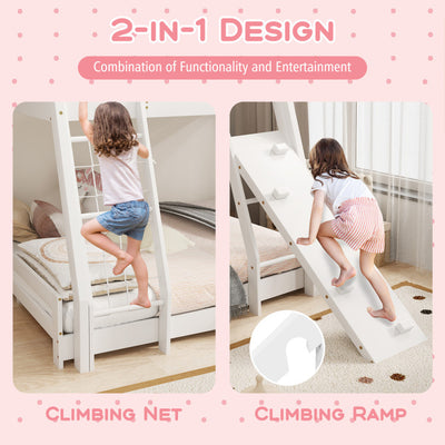 Twin Over Queen Bunk Bed House Shaped Bed Frame Wooden Kids Kids with Safety Guardrail and Climbing Nets