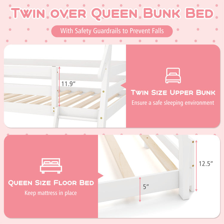 Twin Over Queen Bunk Bed House Shaped Bed Frame Wooden Kids Kids with Safety Guardrail and Climbing Nets