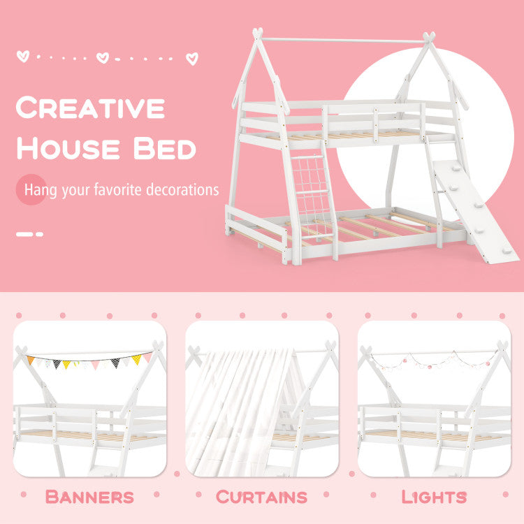 Twin Over Queen Bunk Bed House Shaped Bed Frame Wooden Kids Kids with Safety Guardrail and Climbing Nets