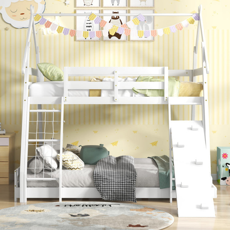 Twin Over Queen Bunk Bed House Shaped Bed Frame Wooden Kids Kids with Safety Guardrail and Climbing Nets