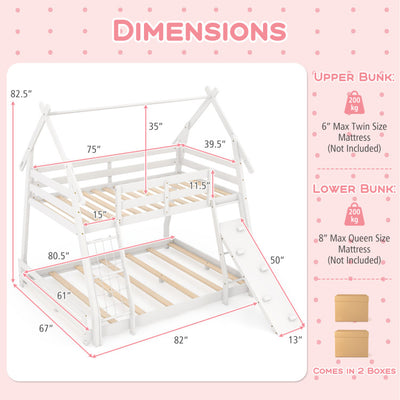 Twin Over Queen Bunk Bed House Shaped Bed Frame Wooden Kids Kids with Safety Guardrail and Climbing Nets