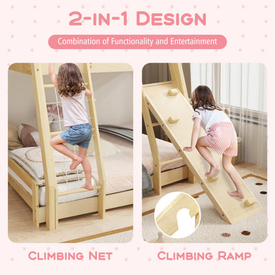 Twin Over Queen Bunk Bed House Shaped Bed Frame Wooden Kids Kids with Safety Guardrail and Climbing Nets