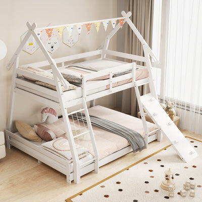 Twin Over Queen Bunk Bed House Shaped Bed Frame Wooden Kids Kids with Safety Guardrail and Climbing Nets