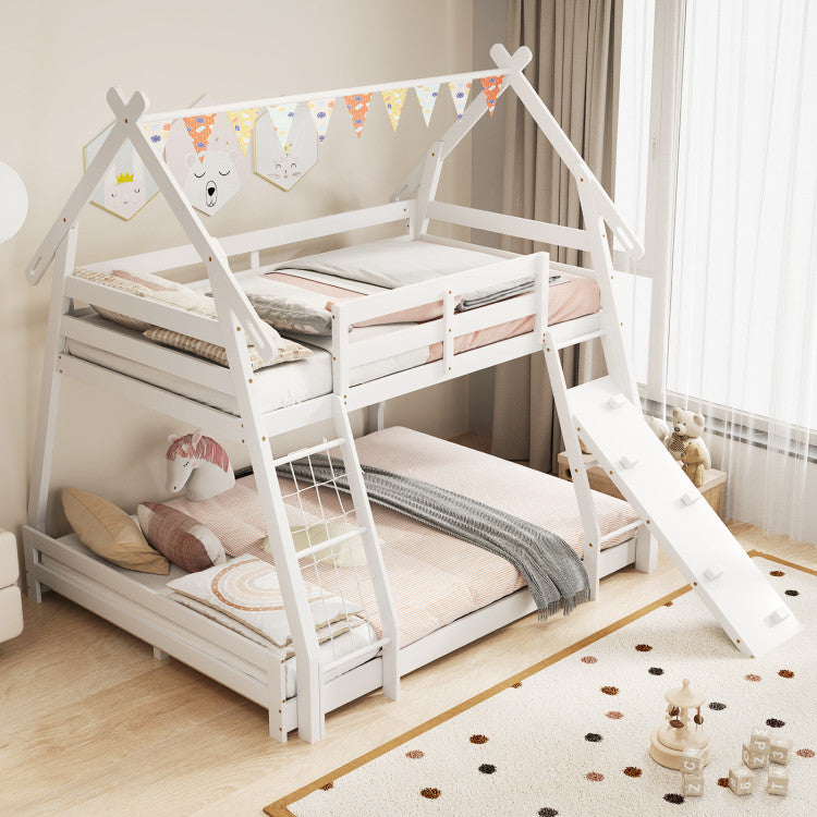 Twin Over Queen Bunk Bed House Shaped Bed Frame Wooden Kids Kids with Safety Guardrail and Climbing Nets