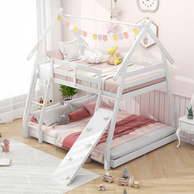 Twin Over Queen Bunk Bed House Shaped Bed Frame Wooden Kids Kids with Safety Guardrail and Climbing Nets