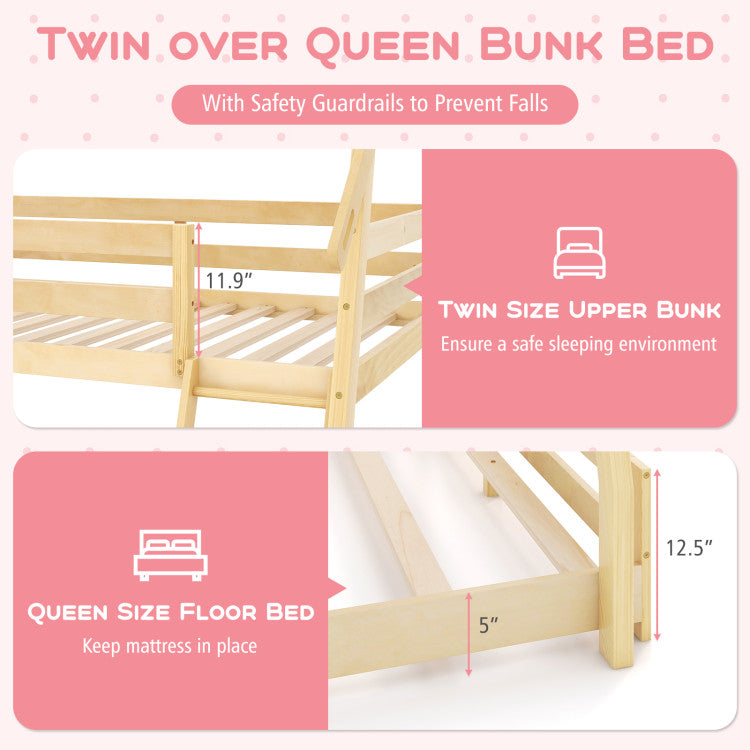 Twin Over Queen Bunk Bed House Shaped Bed Frame Wooden Kids Kids with Safety Guardrail and Climbing Nets