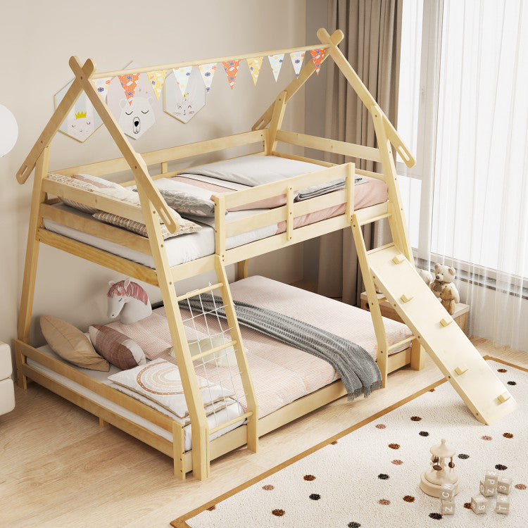 Twin Over Queen Bunk Bed House Shaped Bed Frame Wooden Kids Kids with Safety Guardrail and Climbing Nets