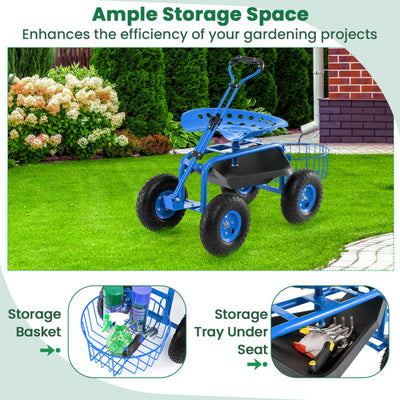 Heavy Duty Garden Cart with Tool Tray and 360 Swivel Seat