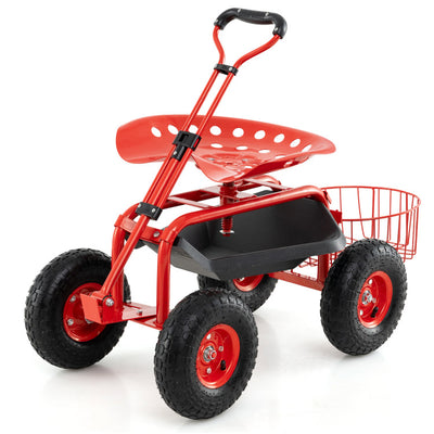 Height Adjustable Garden Rolling Cart Heavy Duty 360 Degree Swivel Work Seat with Tool Tray and Removable Mesh Basket