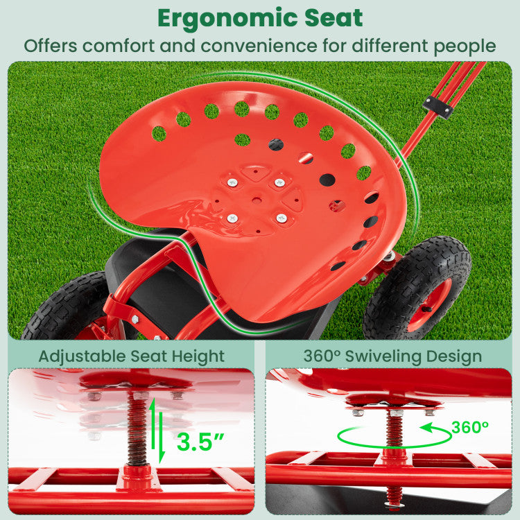 Height Adjustable Garden Rolling Cart Heavy Duty 360 Degree Swivel Work Seat with Tool Tray and Removable Mesh Basket