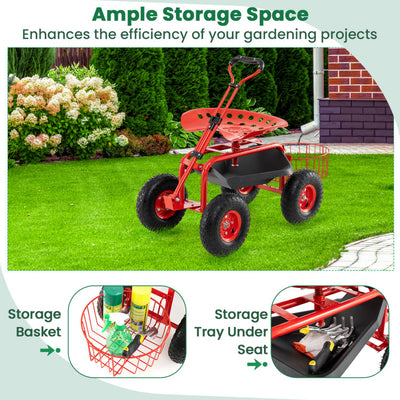 Height Adjustable Garden Rolling Cart Heavy Duty 360 Degree Swivel Work Seat with Tool Tray and Removable Mesh Basket