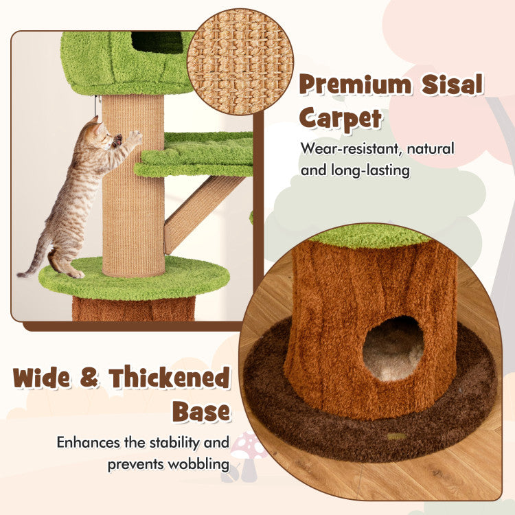 Mushroom Cat Tree for Indoor Cats with 2 Cute Condos Plush Perch and Teasing Balls