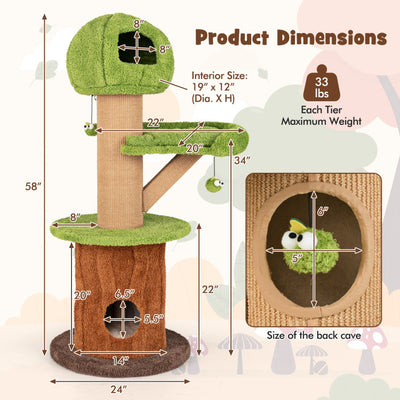 Mushroom Cat Tree for Indoor Cats with 2 Cute Condos Plush Perch and Teasing Balls