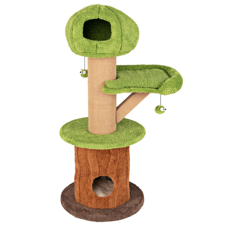 Mushroom Cat Tree for Indoor Cats with 2 Cute Condos Plush Perch and Teasing Balls