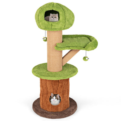 Mushroom Cat Tree for Indoor Cats with 2 Cute Condos Plush Perch and Teasing Balls