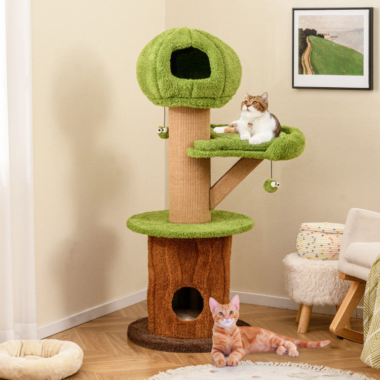 Mushroom Cat Tree for Indoor Cats with 2 Cute Condos Plush Perch and Teasing Balls