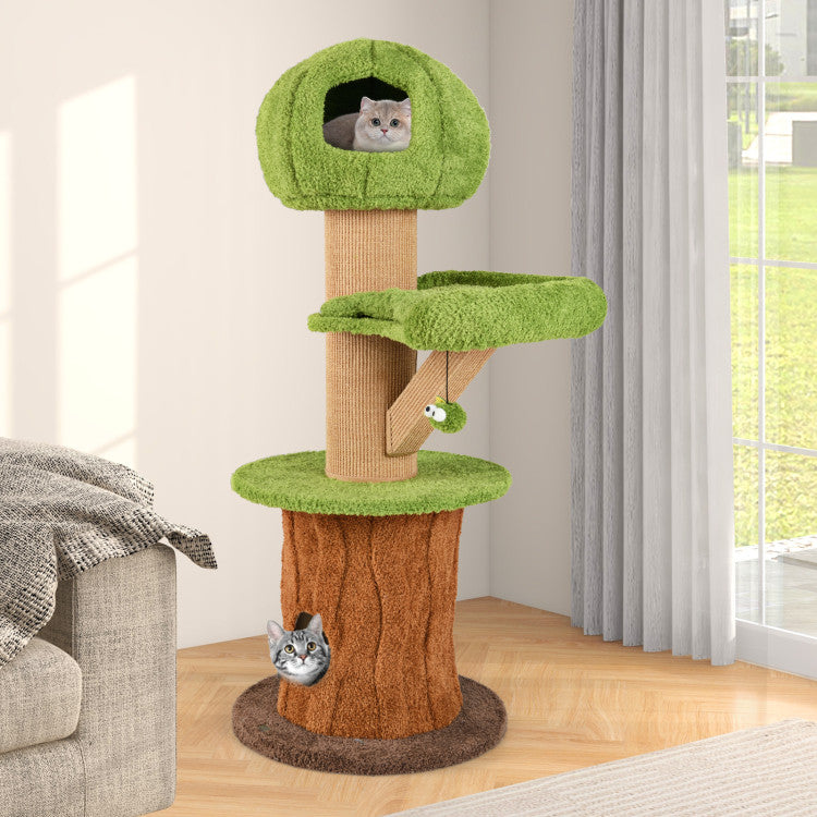 Mushroom Cat Tree for Indoor Cats with 2 Cute Condos Plush Perch and Teasing Balls