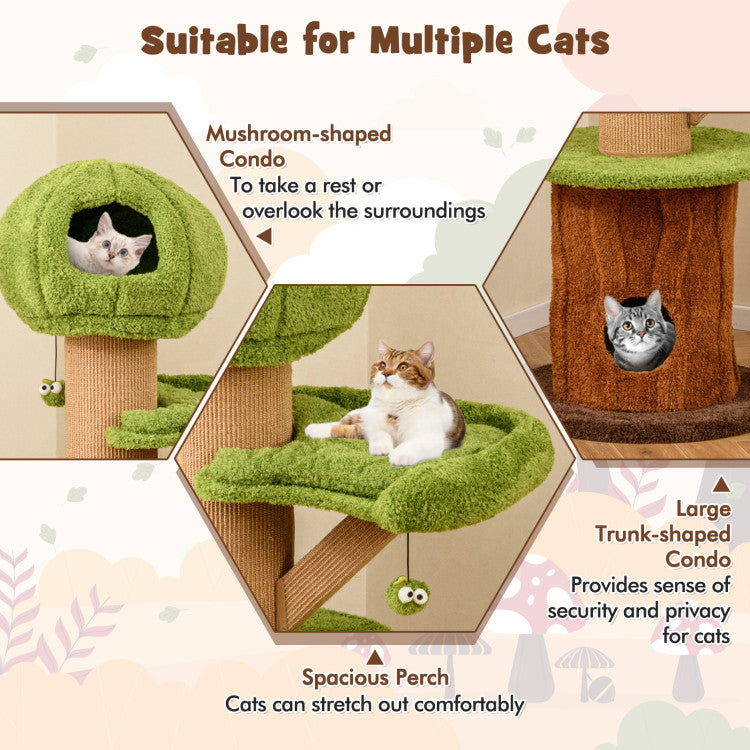 Mushroom Cat Tree for Indoor Cats with 2 Cute Condos Plush Perch and Teasing Balls