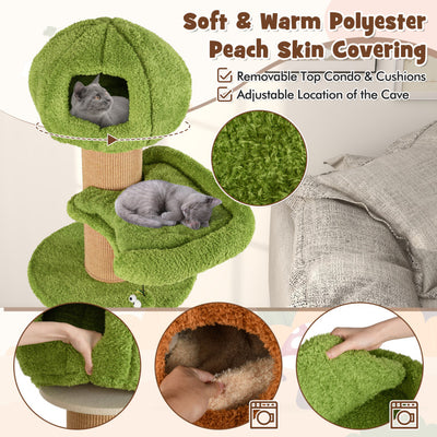 Mushroom Cat Tree for Indoor Cats with 2 Cute Condos Plush Perch and Teasing Balls