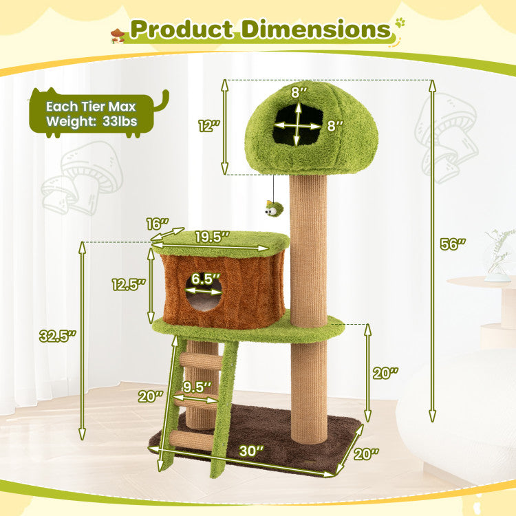 Cute Cat Tree for Indoor Cats with Mushroom-shaped Nest Condo and Climbing Ladder